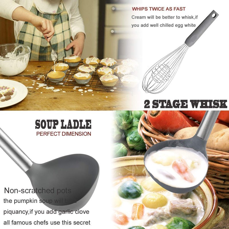 Silicone Kitchen Cooking Utensils Set with Stainless Steel Handle, Spatula