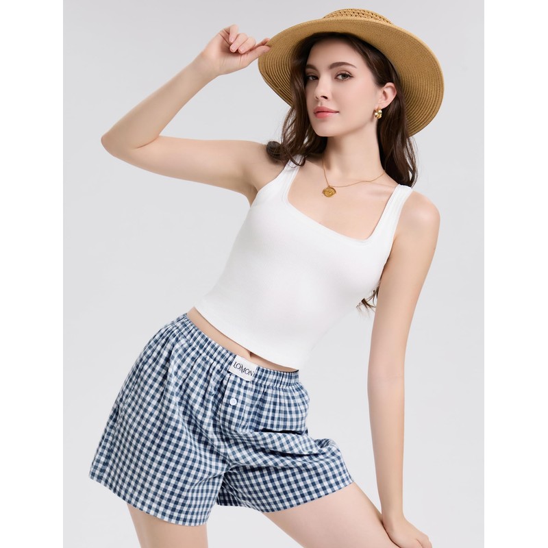 LOMON Shorts for Women Summer Gingham Boxer Y2K Pajamas Pockets