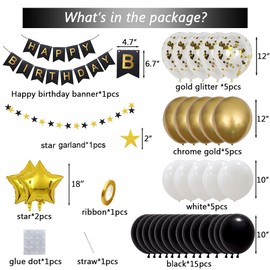 MSMANCY Black Gold Birthday Party Decorations Set, Happy Birthday Banner,Glitter Star Garland, Foil Star and Balloons for Women Girls Birthday Party Decor (Black-Gold)