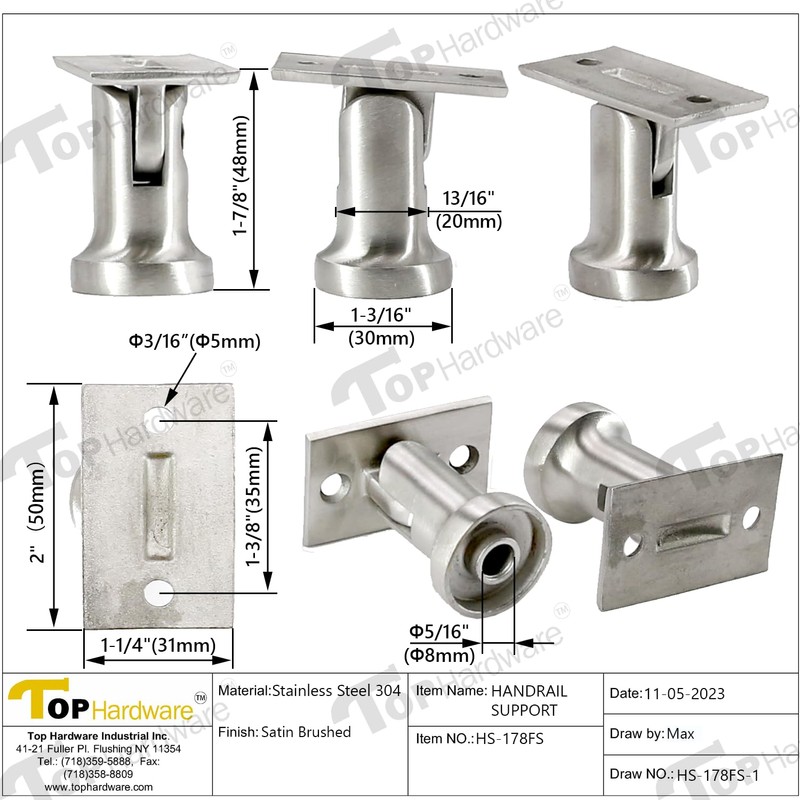 Top Hardware Stainless Steel 304 Grade Adjustable Handrail Support for