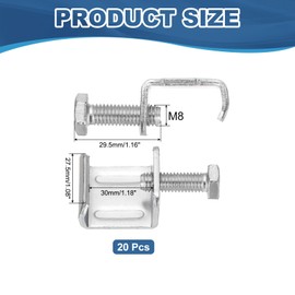 PATIKIL G-Type Pipe Clamp, 20 Pcs Clamp with M8 Screw 304 Stainless Steel Flange Clip for Rectangular Tube Connection Woodworking Welding Mounting, Silver Tone