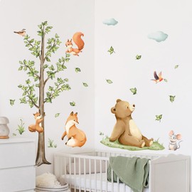 Tanlaby Forest Animals Tree Wall Sticker Cartoon Animals Wall Sticker Bear Fox Squirrel Safari Wall Decoration for Baby Room Children's Room Bedroom Living Room