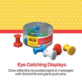 School Smart Giant Push Pin with Reclosable Tub, Assorted Color, Pack of 12 - 081907