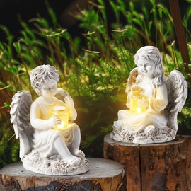 ZhiYo-GD 2 Pack Outdoor Angel Statue Garden Decor，Classic Solar Angel Figurine Decoration for Yard Art Indoor Porch Home Lawn Outside Light up Cherub Sculpture Guardian Wings Angel Memorial Gifts