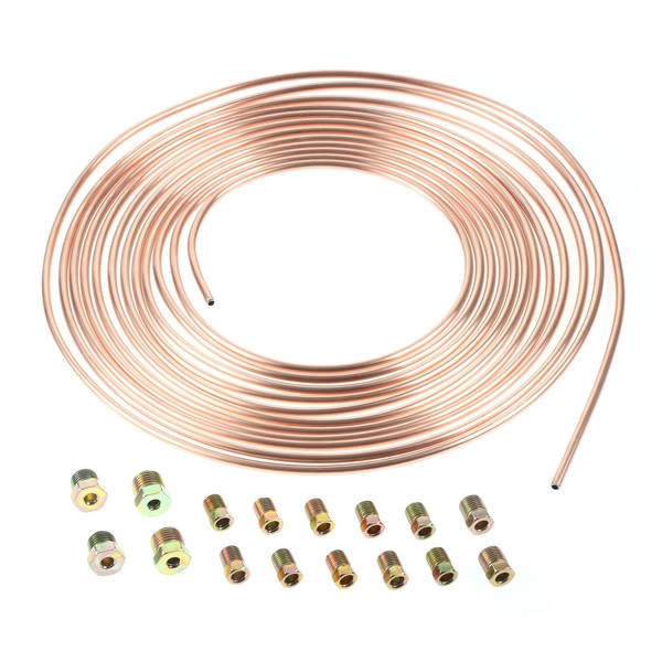 SURIEEN 3/16 Inch Car Brake Pipe Repair Kit-25ft, Copper Coated Automotive Replacement Car Brake Lines Kit with 16 Pcs Nuts Fittings for Car Brake Repair