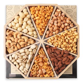Gourmet Mixed Nuts Gift Basket in Sleek Bamboo Wood Reusable Platter | XL 2 lb Platter Includes 8 Assortments of Premium Nuts, Kosher