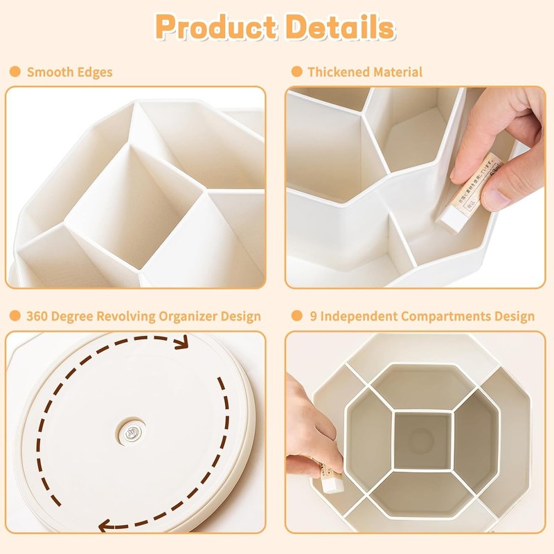 360-Degree Rotating Desk Organiser, White Multi-Compartment Storage Caddy for Stationery