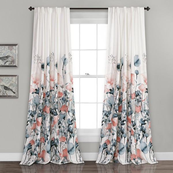 Lush DÉCOR Zuri Flora Curtains Room Darkening Window Panel Set for Living, Dining, Bedroom (Pair), 84 x 52 in, Blue and Coral, 2 Count