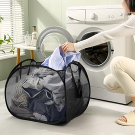 Mesh Pop Up Foldable Laundry Hamper with Strong Handles, Large Opening Clothes Hamper with Side Pockets, Storage Baskets for Dorm, Laundry Room, Bathroom or Travel, Black, 3 Pack