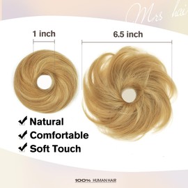 ISHEENY Hair Bun Ponytail Extension Human Hair, Honey Golden Highlights Ponytail Extension Hair Accessories Elastic Easy Scrunchie for Girls and Women