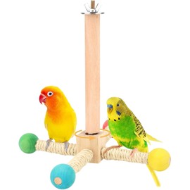 WADY Bird Stand Perch Toy, atural Wood Interactive Exercise Wheel Parrot Perch Toys for Bird Cage, Enrichment Parakeet Toys, Cage Accessories for Small Birds