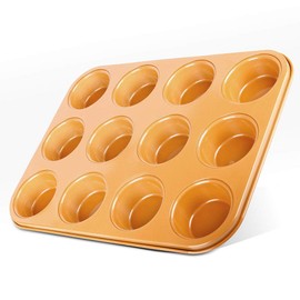 LavoHome Copper Ceramic Nonstick Solid Aluminum Muffin Pan for 12 Muffins Cupcakes Popovers Yorkshire Puddings