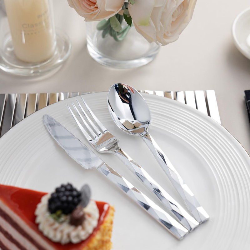 Lullaby 200PCS Silver Plastic Silverware, High End Disposable Cutlery with