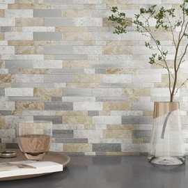 BeNice Backsplash Peel and Stick Wall Tiles for Kitchen,Subway Self Adhesive Linear Mosaic Stickers Bathroom Waterproof(10 Sheets,Gray Beige)
