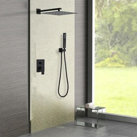 JingGang Matte Black Shower System 10 Inch Bathroom Luxury Rain Mixer Shower Combo Set Wall Mounted Rainfall Shower Head and Handheld System Shower Faucet Rough-in Valve Body and Trim Included