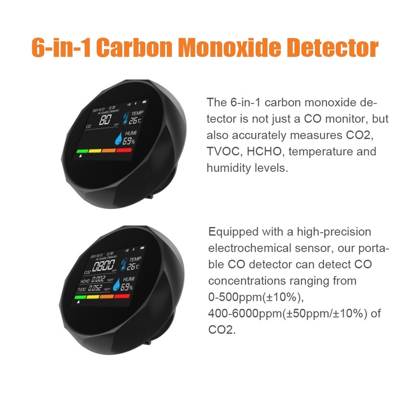 6-in-1 Carbon Monoxide Detector Portable LED Display CO2 TVOC HCHO