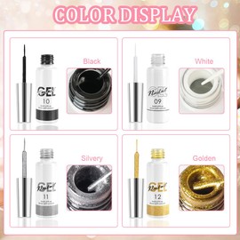 LOPHE Gel Liner Nail Art, 4 Farben Set Gel Liner Nail Art Kit für Nageldesign, Gel Liner Nagellack Schwarz Gold Silber Weiß, für Den DIY-Salon Nagel Design, 8ml