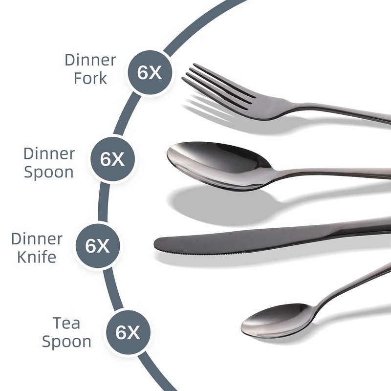 Black Silverware Set, Avalon 24 Piece Flatware Set Service for