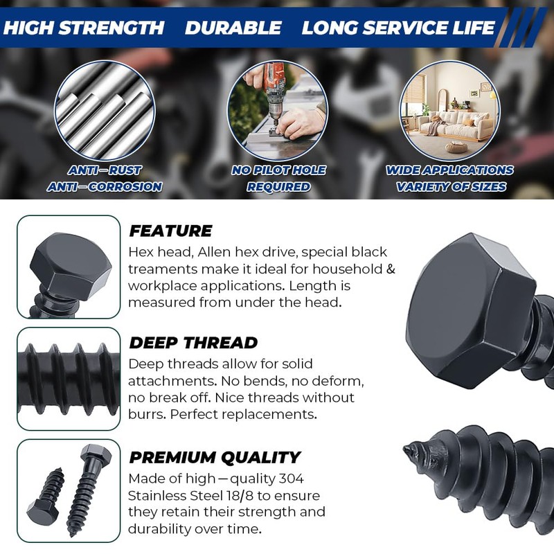 3/8 x 2 Black Hex Head Lag Screws Bolts (10