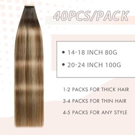 YDDM Tape-In Real Hair Extensions, 40 Pieces, 60 cm, 100 g, Chestnut Brown to Light Brown with Light Blonde, Invisible Tape Extensions, Real Hair Extensions (24 Inches, 2/6/18 K#)