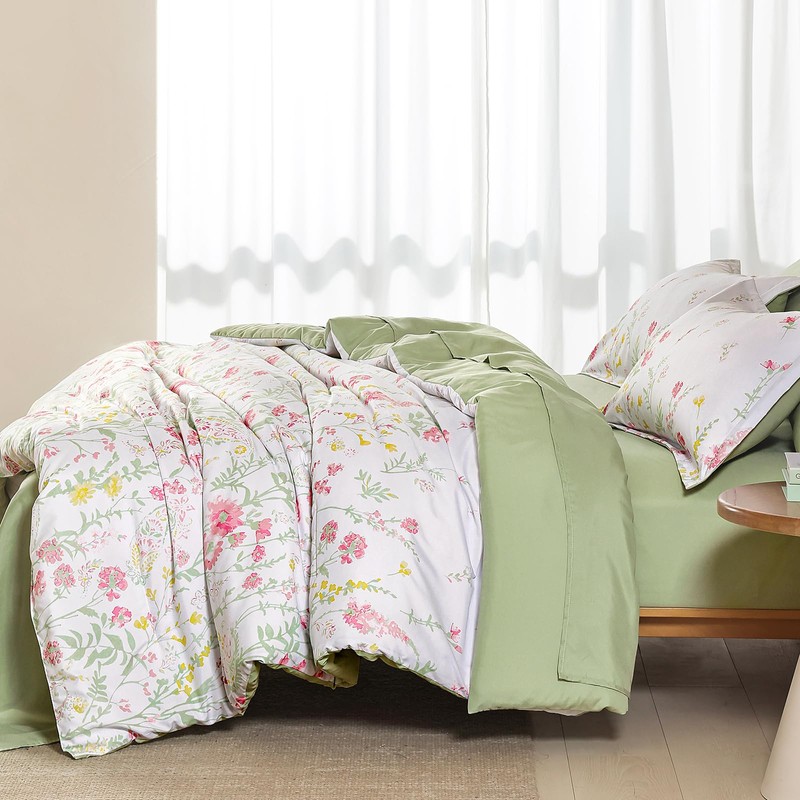 Yiran 7 Piece Pink Green Floral Comforter Set King Size,