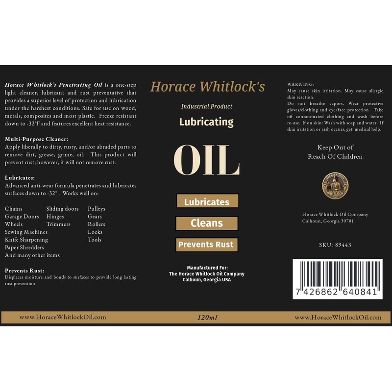 Horace Whitlock's Industrial Lubricating Oil, 120ml, Multi-Purpose Cleaner and Rust