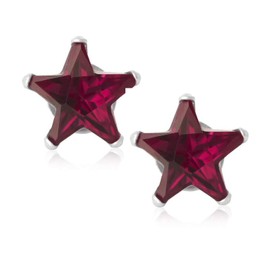 4MM Star Cut CZ Birthstone Stud Earrings/Ear Studs for Women - 925 Sterling Silver - Ruby Red