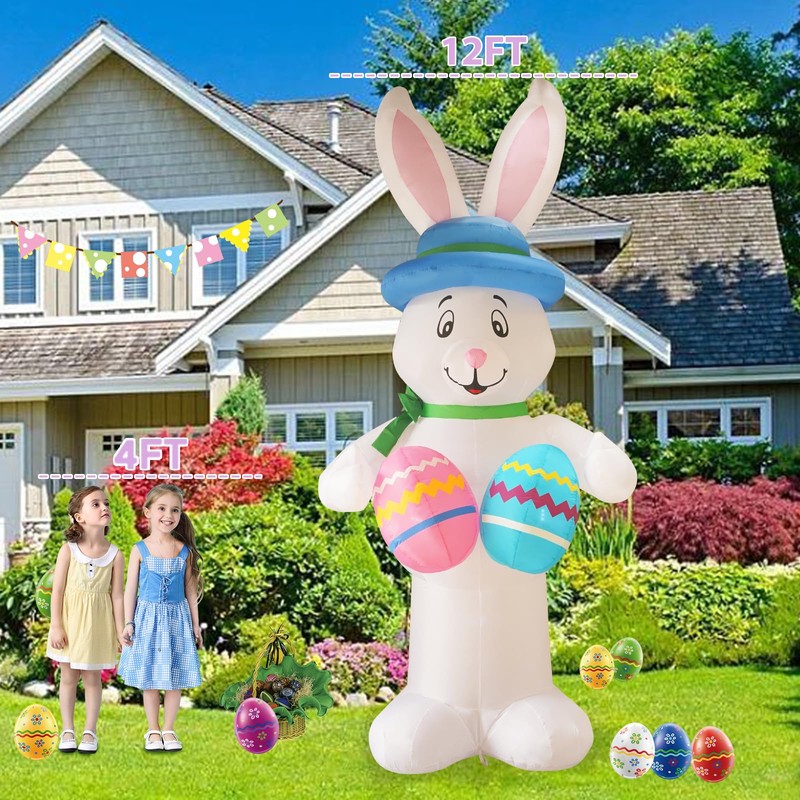 InfleasJoiy 12FT Bunny Holding Egg Easter Inflatable Decoration with Built-in