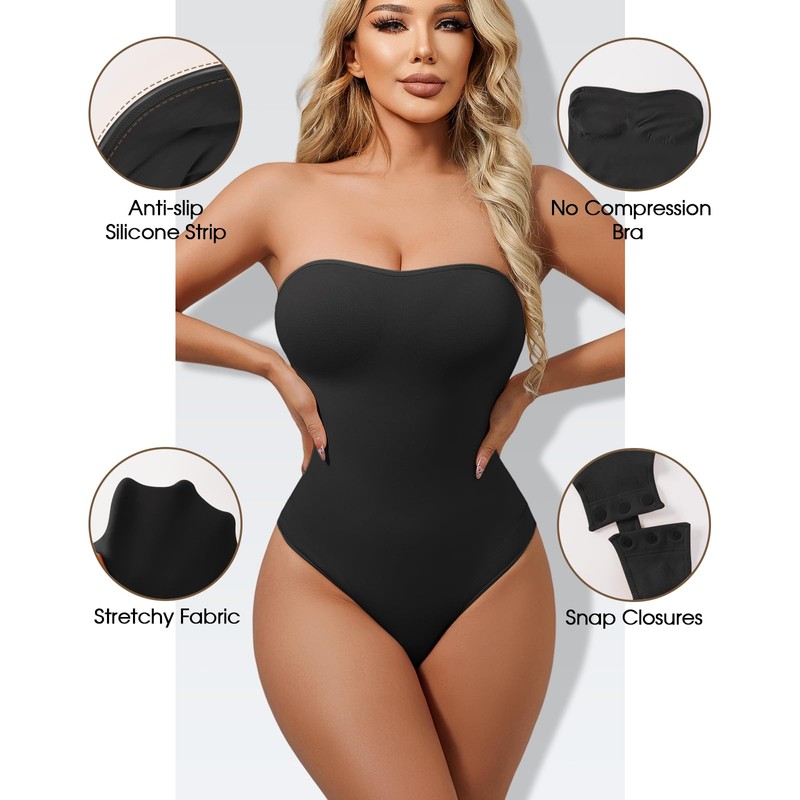 USEASY Thong Shapewear Tummy Control Shapewear Bodysuit Strapless Bodysuit Seamless