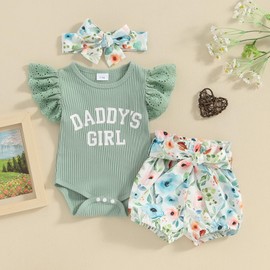 ZZLBUF Newborn Infant Baby Girl Summer Outfits Letter Ruffle Sleeveless Romper Floral Shorts Headband 3Pcs Clothes Set (01- Green, 3-6 Months)