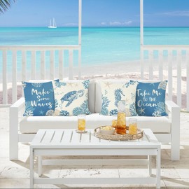 Bonhause Summer Coastal Cushion Covers 45 x 45 cm Sea Turtle Seahorse Blue Ocean Polyester Linen Decorative Throw Pillow Covers for Sofa Couch Bed Home Outdoor Decor Set of 4