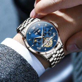 OLEVS Automatic Mens Watches Self Winding Mechanical Skeleton Luxury Business Dress Stainless Steel Waterproof Tourbillon Watches for Men