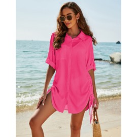 Blooming Jelly Womens Bathing Suit Cover Ups Bikini Swimsuit Coverup Drawstring Button Down Beach Dress Shirt(XX-Large, Hot Pink)