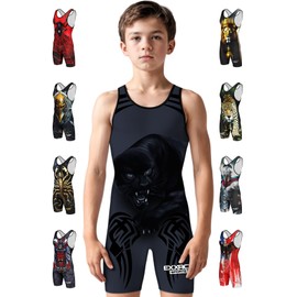 Exxact Sports Sublimated Youth Wrestling Singlet For Boys, Premium Powerlifting Singlet, Kids Wrestling Singlets For Training (YL, Black Panther)