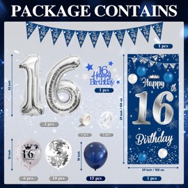 DUGEHO 16th Birthday Decorations Blue and Silver Happy 16th Birthday Banner 16th Birthday Party Decorations for Boys Girls, Balloons Banner Triangle Flags Birthday Door Wall 16th Party Decorations