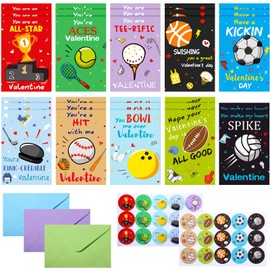 30 Set Kids Valentines Day Card Bulk Classroom Valentine Cards Bulk with Stickers and Envelopes Kids Valentine's Day Greeting Cards for Valentine's Gifts Exchange School Classroom Prize (Sports Style)