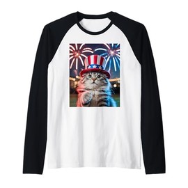 4th of July Cat Selfie Uncle Sam Hat Fireworks Funny Patriot Raglan Baseball Tee