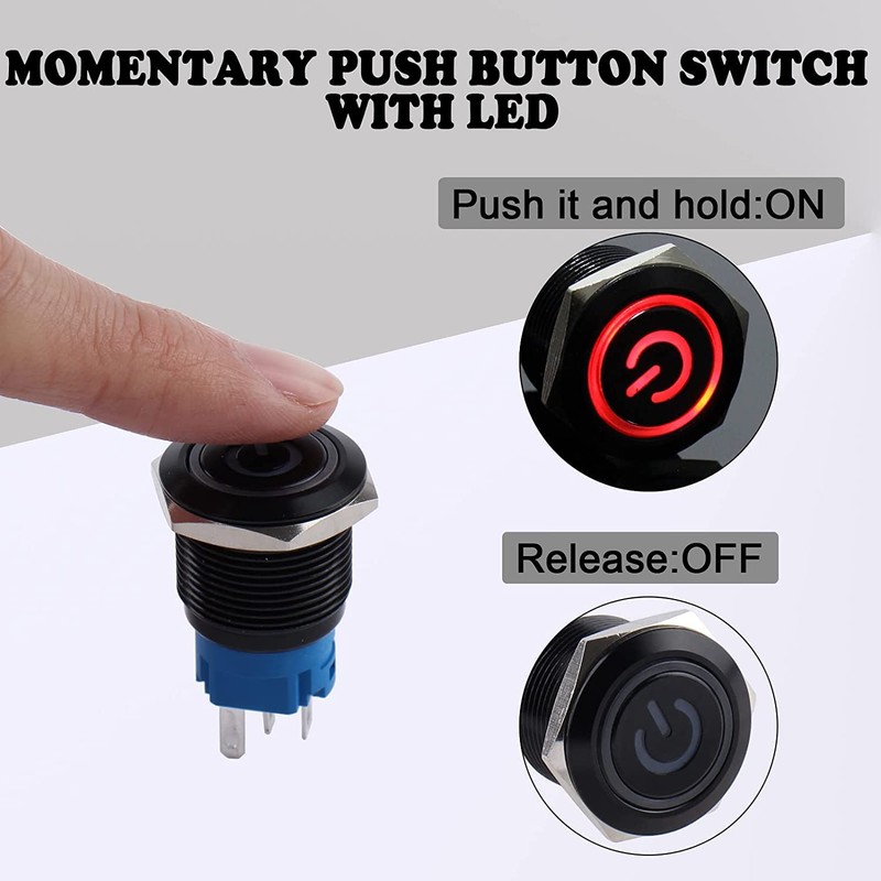 JIQI 19mm 2Pcs Waterproof 12V-24V Momentary Push Button Switch 1NO