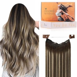 DOORES Wire Hair Extensions 18 Inch 95g Remy Human Wire Hair Extensions Invisible Transparent Line Adjustable Hairpieces Secret Extensions Straight Hair Balayage Chocolate Brown to Honey Blonde