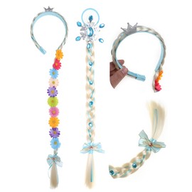 Extra Long Princess Headband Braids Rapunzel Hair Extensions for Women, Braided Ponytail Extension with Flowers and 1 Pack Tie In Ponytail, Crazy Hair Day Accessories for Girls