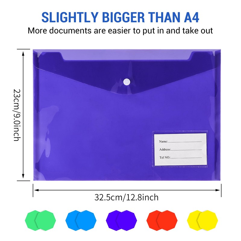 Pack of 10 A4 Document Wallets, Folder with Label Pockets,