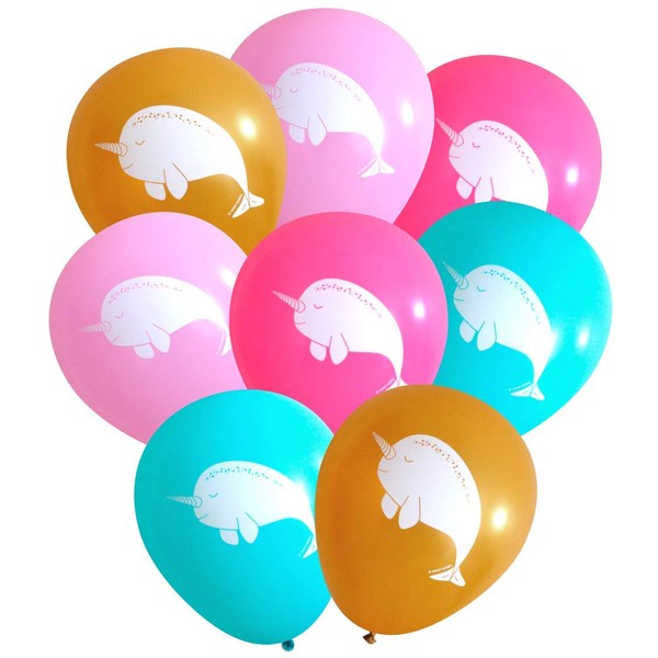 Narwhal Latex Balloons (16 pcs) by Nerdy Words (Gold, Aqua, Light Pink, Dark Pink)