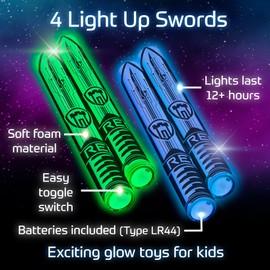 Soft, Light-Up Foam Toy Swords for Kids | Set of 4, 15” | Glow in the Dark Sabers | Cool Sleepover Games | Glow Stick Alternative | Sports Gift for Boys 8-12+ | Glowing & Painless! | By Starlux Games