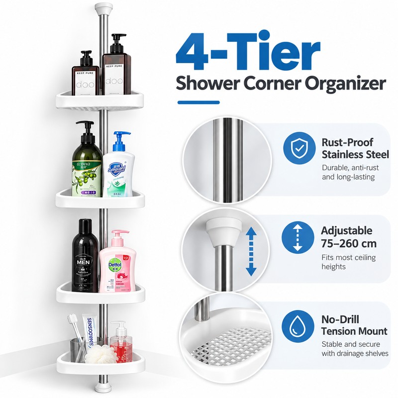 4-Tier Corner Shower Organizer for Bathroom Storage – Adjustable Tension
