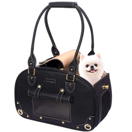 PetsHome Dog Carrier Purse, Pet Carrier, Waterproof Premium Leather Pet Travel Portable Bag Carrier for Cat and Small Dog Home & Outdoor Medium Black