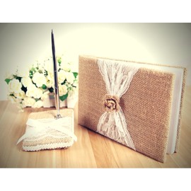 BETTERLINE Rustic Wedding Guest Book Made of Burlap and Lace - Includes Matching Pen Holder and Silver Pen - 120 Lined Pages for Guest Thoughts - Comes in Gift Box (Burlap Flower)