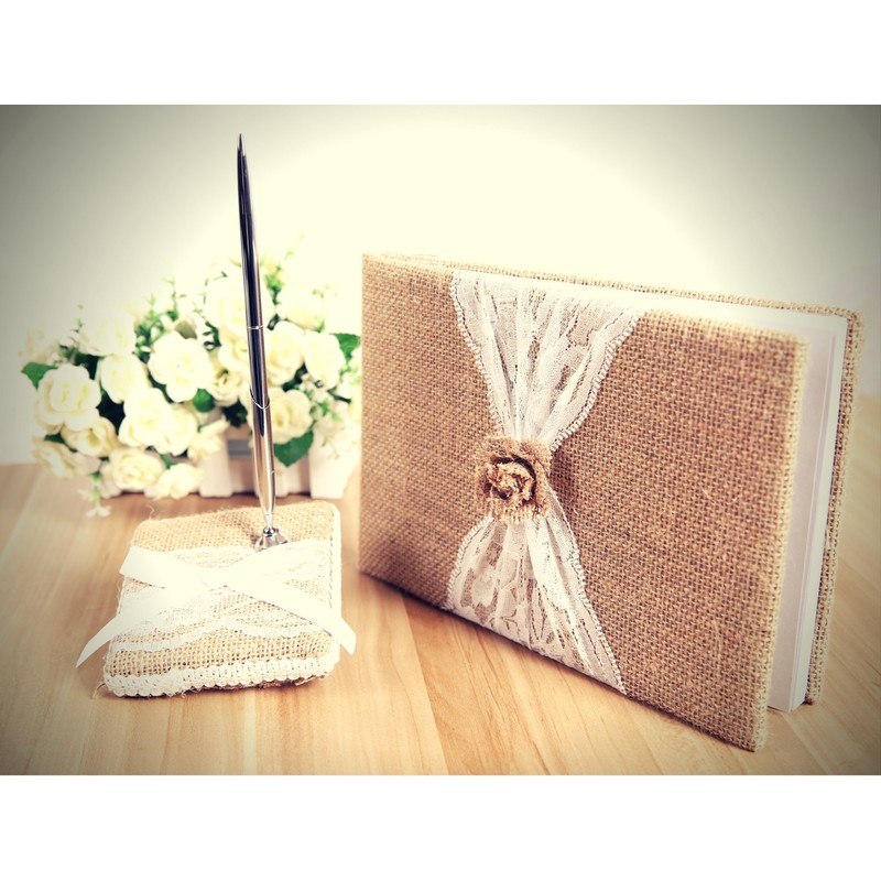BETTERLINE Rustic Wedding Guest Book Made of Burlap and Lace