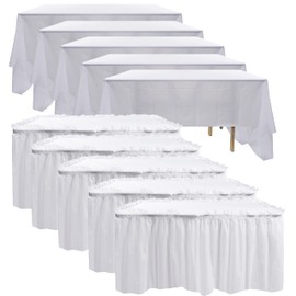 5 Pack Plastic Table Skirts for Rectangle Tables with 5 Pack Table Cloths, Blue Tableskirts and 54" x 108" Tablecloths, Disposable Tablecloth Skirt Table Covers for Party Birthday Baby Shower