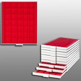 Prophila Collection Coin Box Grey 35 Square Compartments for Coins up to 36 mm Red Insert