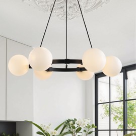 ABEAJAT 6-Light Glass Globe Sputnik Chandelier, Black Wagon Wheel Chandeliers for Dining Room with Milky White Globe, Mid Century Modern Light Fixture Over Table for Kitchen Island Living Room